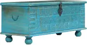 Antique Style Wooden Storage Chest, Solid Mango Wood, Blue, 100x40x41 cm - Large Asian Style Trunk for Bedroom or Living Room, Handmade with Rustic Design, No Assembly Required