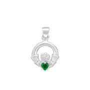 Irish Sterling Silver Claddagh Necklace with Emerald CZ and 18 inch chain