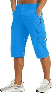 [MAGCOMSEN] Men's Workout Gym Shorts Quick Dry 3/4 Capri Pants Zipper Pockets Hiking Athletic Running Shorts, Azure, 38