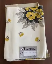 New Vintage Simtex MCM 52x52 Square Tablecloth Gray Yellow Floral Bouquet Unused
