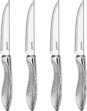 dearithe Steak Knives Set of 4, Stainless Steel Serrated Sharp Blade Flatware Steak Knife Set, Hammered Pattern Hollowed Handle,4.5 In,For Kitchen Restaurant Tableware, Dishwasher Safe