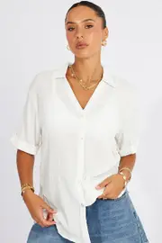 Ally Fashion White Textured Shirt Short Sleeve - Size 14, Women's Shirt