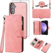 [Asuwish] Phone Case for Samsung Galaxy S23 FE 5G Zipper Wallet Detachable Cell Cover with Tempered Glass Screen Protector Crossbody Lanyard Strap Flip Card Holder S 23 EF S23FE 23S Women Rosegold