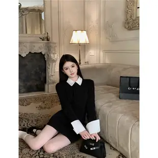 韓版時尚黑色襯衫洋裝女裝緊身收腰撞色拼接翻領長袖包臀緊身洋裝