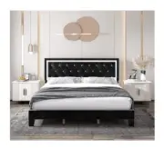 King Size Bed Diamond Tufted Upholstered Bed Frame Adjustable Headbord, Black