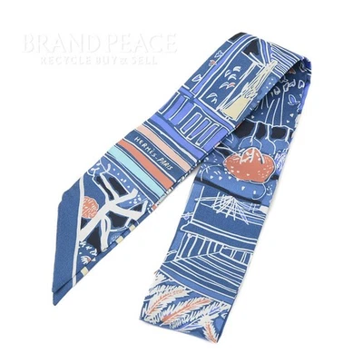 RARE HERMES Twilly RAYURES DETE Blue Rose White 100 Silk Brand Piece