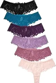 [247 Frenzy] Women's Essentials PACK OF 6 Assorted Blended Fabric Solid or Lace Thong & G String Panties Missy & Plus