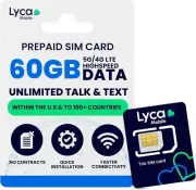 Lycamobile Prepaid SIM Card 60GB 4G/5G Unlimited Data-Talk,Text to 100 Countries