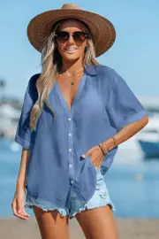 Cupshe Button Front Collared V-Neck Cover-Up Top - Sky,M