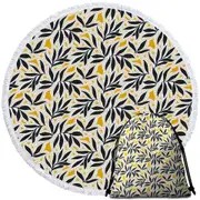 Dark Green Leaves over Yellow Round Beach Towel