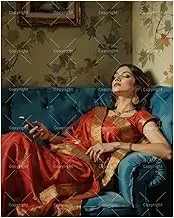 TAOPAOLAB Cozy Paint by Numbers Kit for Adults - DIY Woman in Red and Gold Saree Relaxing with Phone Painting on Canvas 16x20 Inches, Acrylic Paint Set for Beginners, Art for Home Decoration or Gifts