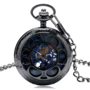 Mens Black Mechanical Pocket Watch Skeleton Design with Chain Windup Fob Watches