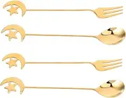 STOBAZA Star and Moon Design 4pc Metal Mini Spoons and Forks Set Stirring Spoons for Tea Ice Cream and Cake