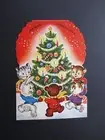 Unused Die Cut Stand Up Xmas Greeting Card Cats, Dogs & Bears Dancing Round Tree