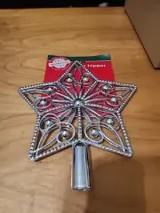 Tree Topper-Metallic Plastic Silver Tone 5 Point Star-Christmas Decor -Sz 9.8 In