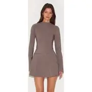 Mushroom Stretch Woven Boat Neck Flare Sleeve Shift Dress, Mushroom