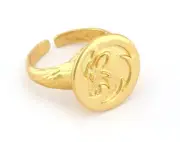 Lion Head Bark Textured Band Round Adjustable Ring Shiny gold plated brass 4859