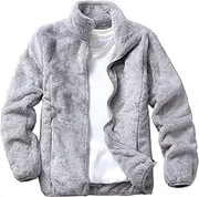 [Zylphorix] Men Stand Collar Faux Polar Fleece Jacket Casual Faux Double Side Fleece Sweater Winter Zipper Cozy Solid Outerwear