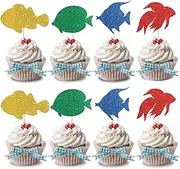 Ambishi 24 pcs Fishing Cupcake Topper Ofishally One Cupcake Topper Fishing Little Fisherman Birthday Party Cake Decoration Supplies