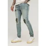 Mens Tall Biker Rip & Repair Stonewash Zip Hem Skinny Jeans