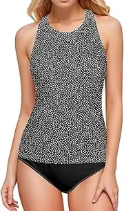 [Joisal] Tankini Swimsuit Top, Bathing Suit with Built in Bra, Colorful Polka Dots White Tankini Swimsuits for Women, Small