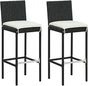 Garden Bar Stools with Cushions 2 pcs, Black Poly Rattan, Weather-Resistant Outdoor Bar Seating with Powder-Coated Steel Frame, Comfortable High Stools