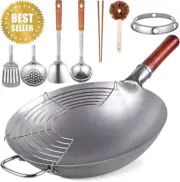Carbon Steel Wok 13.4” -Traditional Hand-Hammered Chinese Wok Pan Set 8 Cookware