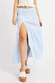 Blue Check Tiered Maxi Slit Skirt - Size 16XL, Women's A Line Skirt