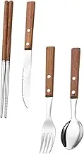 CATIEBYE 4 Piece Stainless Steel Fork Spoon Kit Wooden Handles Modern Tableware Set for Home