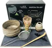 AIYICIII Japanese Matcha Tea Set (7pcs) - Matcha Whisk and Bowl, Whisk Stand (Chasen Holder), Scoop, Starter Making Kit for Matcha Tea Ceremony (Kiln Glaze-White)