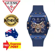 NEW GUESS PHOENIX GW0203G7 BLUE/ROSE GOLD/SILICONE SKELETON DIAL MENS WATCH