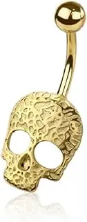 [Pierced Owl] 14GA 316L Stainless Steel Textured Skull Belly Button Ring