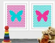 Butterfly Wall Art, Set of 2 prints 8x10, Teal, Hot Pink, Children's Nursery