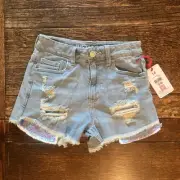 Justice Girl’s Distressed Denim Shorts w/ Sequin Pocket | Light Wash | Size 14