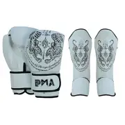 PMA Twin Tigers Muay Thai Boxing Gloves Shin Pads Set White Sparring Guards