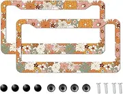 FYSUIMU Boho Floral License Plate Frames Set of 2 Vintage Flower Stainless Steel Car Plate Holder Cover with Screws Fasteners Caps Vehicle Accessories, 6.3 x 12.2 Inch
