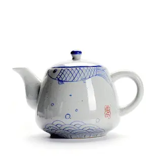 “正品”陶瓷手柄式大茶壺 復古手繪青花瓷耐高溫泡茶壺1升餐廳茶水家用壺