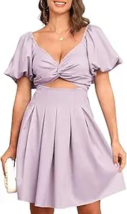 [Brosloth] Womens Casual Summer Dress Sweetheart Neckline Short Puff Sleeve Smocked Mini Short Dress with Pockets