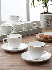 Femora Indian Ceramic Fine Bone China Gold Line Diamond Cut Dinnerware White Tea Cups, Mugs and Saucer-200 ml - Set of 6 (6 Cups, 6 Saucer)