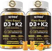 Vitamin D3 K2 Gummies with Calcium - Vegan D3 5000 IU + K2 200mcg + Calcium 600mg - Plant-Based Bone, Immune Support Supplement with Coconut Oil for High Absorption - Sweet Citrus Flavor - 120 Counts
