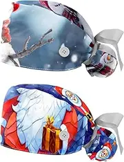 [YTYVAGT] 2-Pc,Nurse Scrub Caps,Scrub Hats with Buttons and Cotton Sweatband,Christmas Snowman in Winter