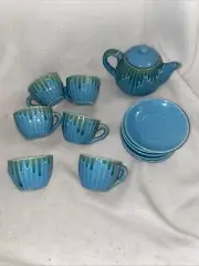 Hand Painted Pottery Tea Set Sicily Italy 6 Cups Teapot Plates Blue Ceramic