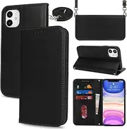 Cavor Crossbody Wallet for iPhone 11 Case 6.1'' PU Leather Magnetic Flip Cover with Card Slots Kickstand Shoulder Lanyard Protective Phone Cases for Women Man-Long Strap Black