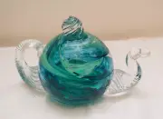 Made-in-the-USA Sea Foam Glass Teapot Paperweight Hand-Blown by Kenneth Marine