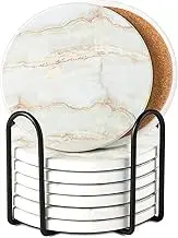 InnoGear Coasters for Drinks, 8 Pieces with Holder Absorbent Ceramic Stone Marble Pattern Reusable Coaster with Cork Base for Drinks, Gift Set for Birthday Housewarming Apartment Kitchen Bar Décor