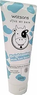 Watsons Brightening Milk Salt Scrub. Nano white complex & extra moisturising nutrient. Hydrolysed milk protein, moisturises & smoothes skin. (250 g/ pack)