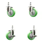 4 Inch 316SS Green Polyurethane Swivel 3/8 Inch Threaded Stem Caster Set 2 Brake