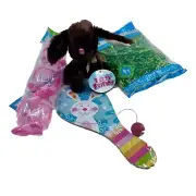 Easter Basket Stuffer Plush Bunny Rabbit Eggs Blue Paddle Ball Grass Filler Set