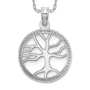 14K Solid White Gold Tree of Life Round Necklace