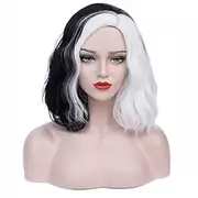 Cruella Deville Wig Cosplay Black and White Wigs for Women Short Curly Wavy Bob Hair Wig Cute Synthetic Wigs for Party Halloween Wigs